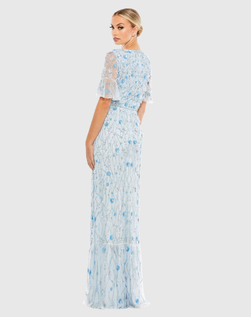 Embellished V Neck Ruffle Gown - Powder Blue