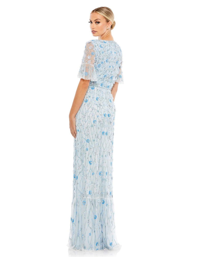 Embellished V Neck Ruffle Gown - Powder Blue