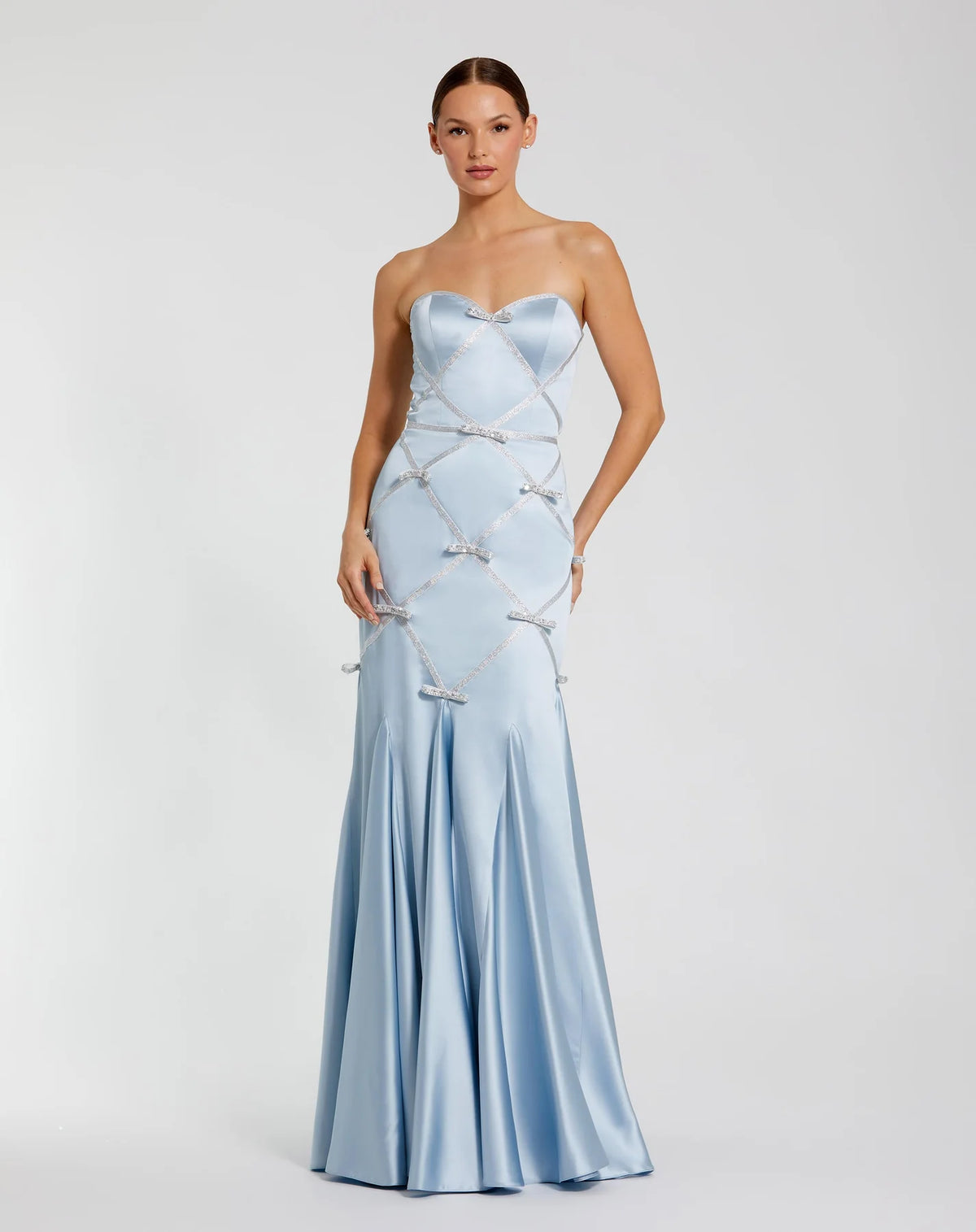 Mac Duggal Blue Strapless Satin Mermaid Gown With Bow Details #37000 Powder Blue