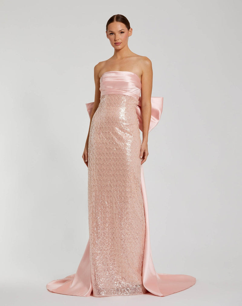 Mac Duggal, Pink Strapless Embellished Gown With Back Bow Detail #37011 Blush Pink