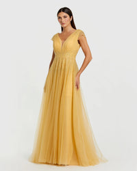 Embellished Tulle Cap Sleeve V Neck Gown - Yellow