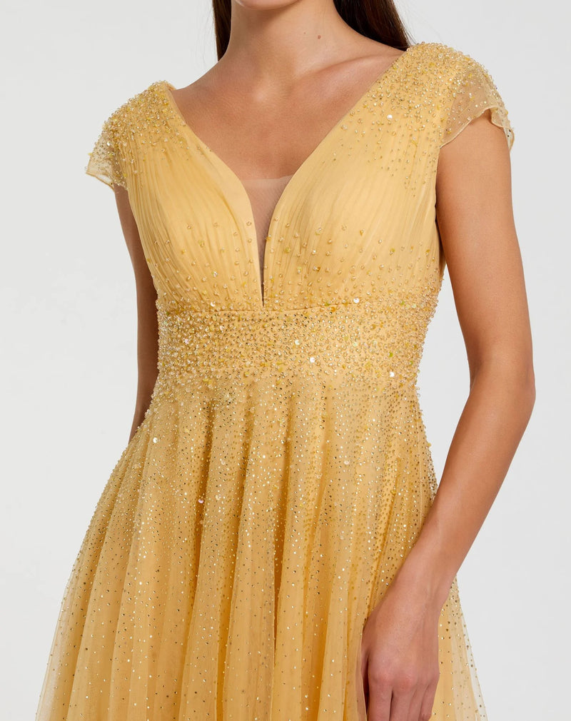 Embellished Tulle Cap Sleeve V Neck Gown - Yellow