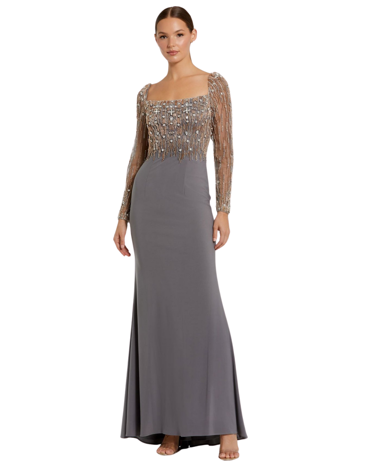 Mac Duggal #2256 Beaded Square Neck Long Sleeve Tudor Gown - Platinum