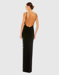 Rhinestone encrusted side slit cami bodycon gown - Black