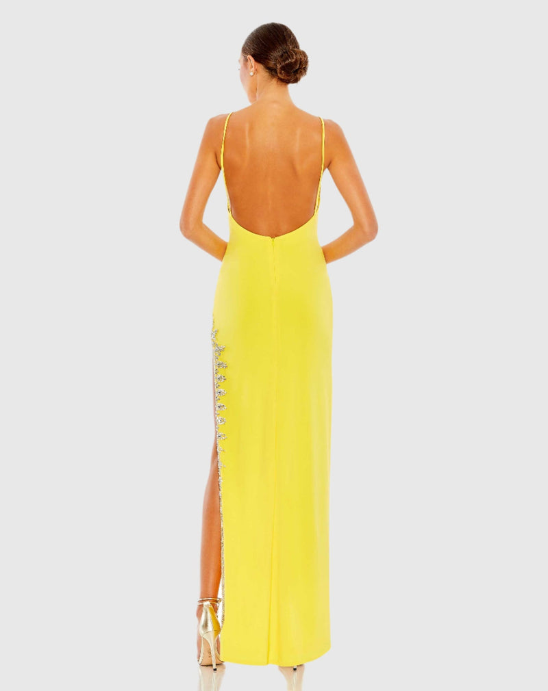 Rhinestone encrusted side slit cami bodycon - Yellow