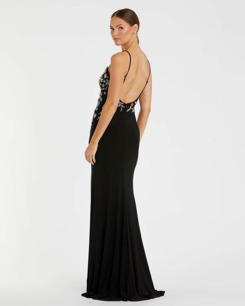 Beaded Spaghetti Strap Gown - Black