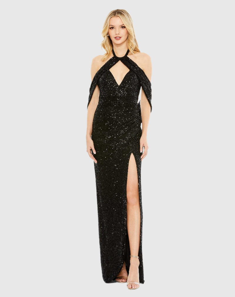 Mac Duggal Style # 42021 Sequin draped sleeve keyhole cowl back gown - Black