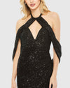 Sequin draped sleeve keyhole cowl back gown - Black