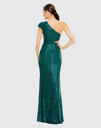 Sequin one shoulder cap sleeve cut out gown - Teal