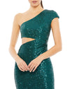 SEQUINED ONE SHOULDER CAP SLEEVE CUT OUT GOWN CLOSE UP