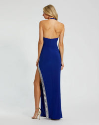 Jersey halterneck beaded split detail gown - Cobalt