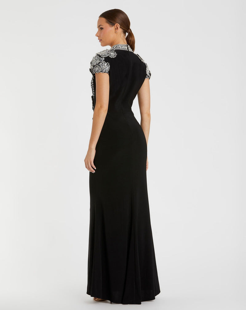 High Neck Embellished Column Gown - Black