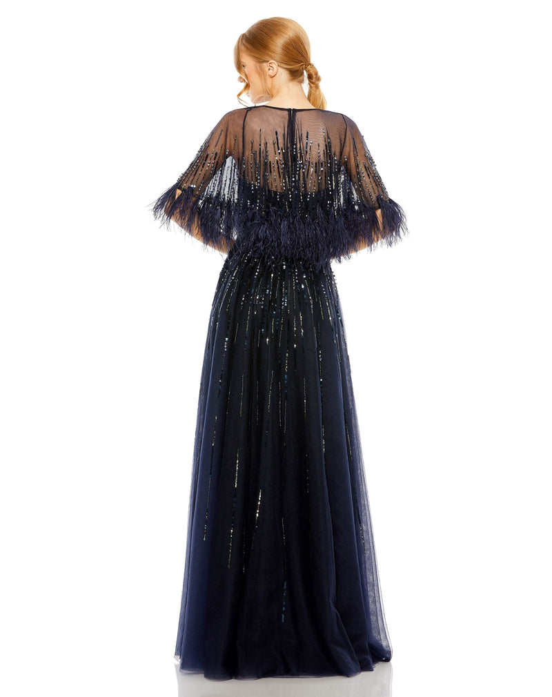 Embellished A Line Feather Dress - Navy