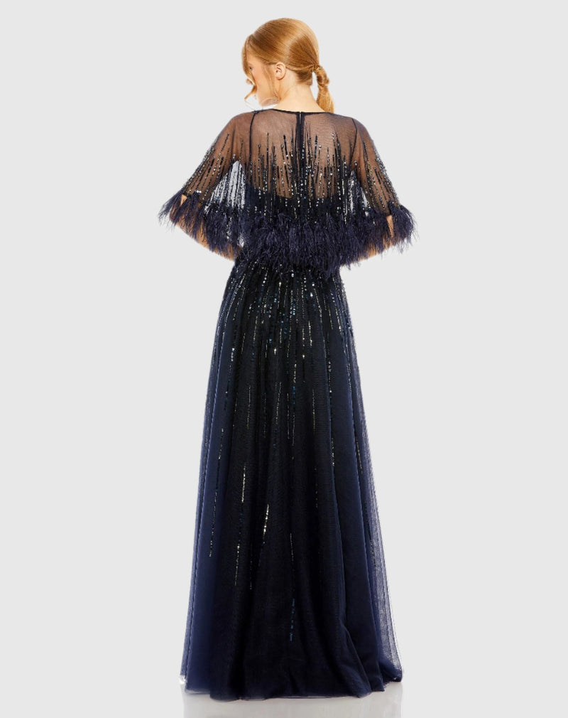 Embellished A Line Feather Dress - Navy