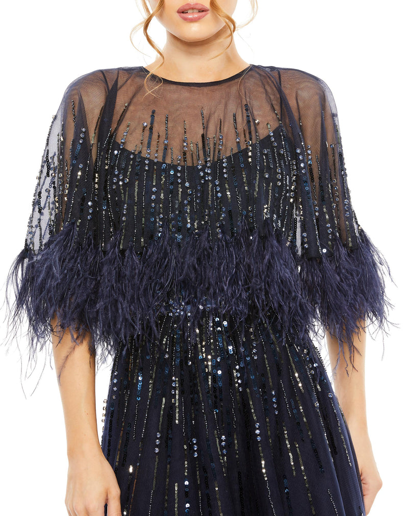 Embellished A Line Feather Dress - Navy