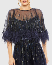 Embellished A Line Feather Dress - Navy