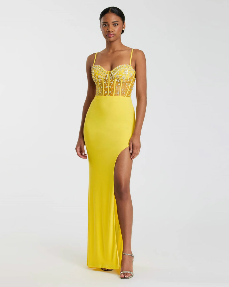 Mac Duggal, Spaghetti strap beaded corset bodice gown - Yellow #44029