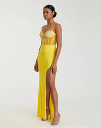 Spaghetti strap beaded corset bodice gown - Yellow