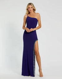 Mac Duggal, Asymmetric embellished thigh split gown, Indigo #44030