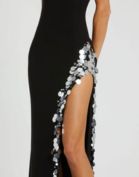 Asymmetric embellished thigh split gown - Black