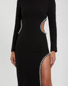 Crepe Long Sleeve Gown With Beaded Cut Outs - Black