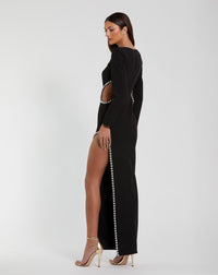 Crepe Long Sleeve Gown With Beaded Cut Outs - Black