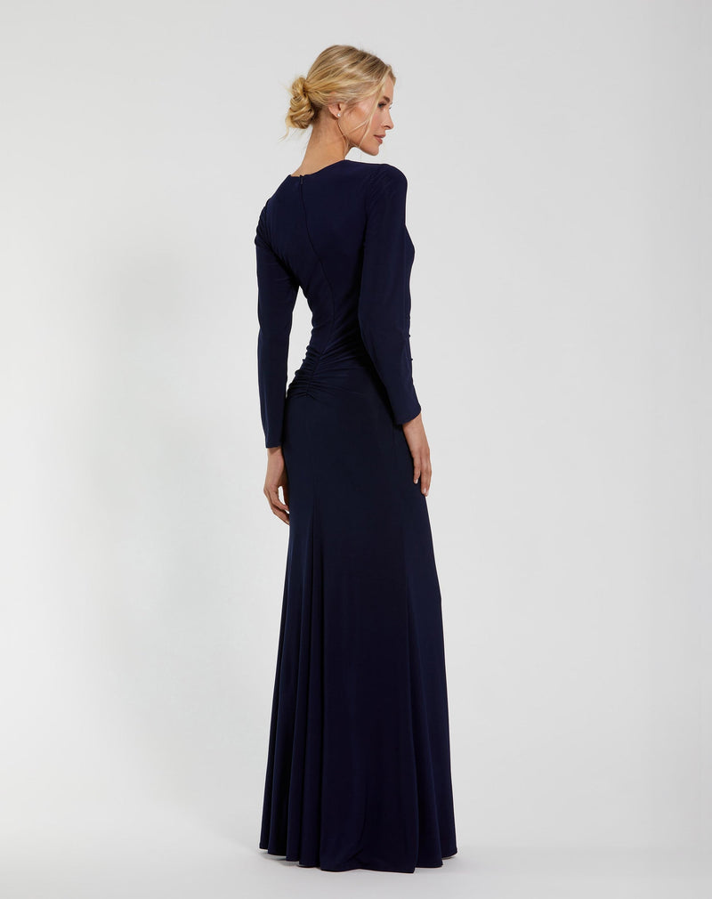 Long Sleeve Fitted Jersey Gown With Ruched Waist - Midnight