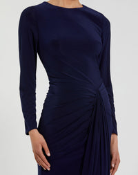 Long Sleeve Fitted Jersey Gown With Ruched Waist - Midnight