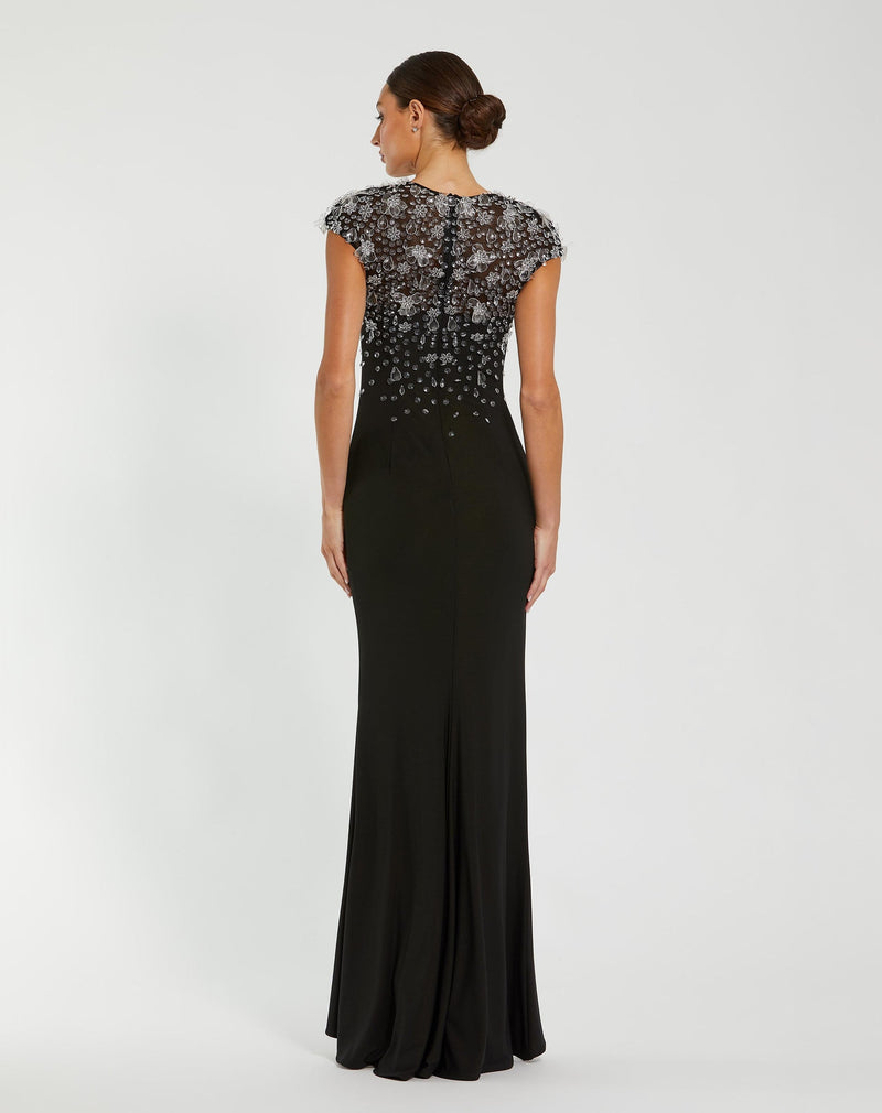 Crystal Embellished Jersey Fitted Cap Sleeve Gown - Black