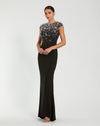 Mac Duggal #44081 Crystal Embellished Jersey Fitted Cap Sleeve Gown, Black