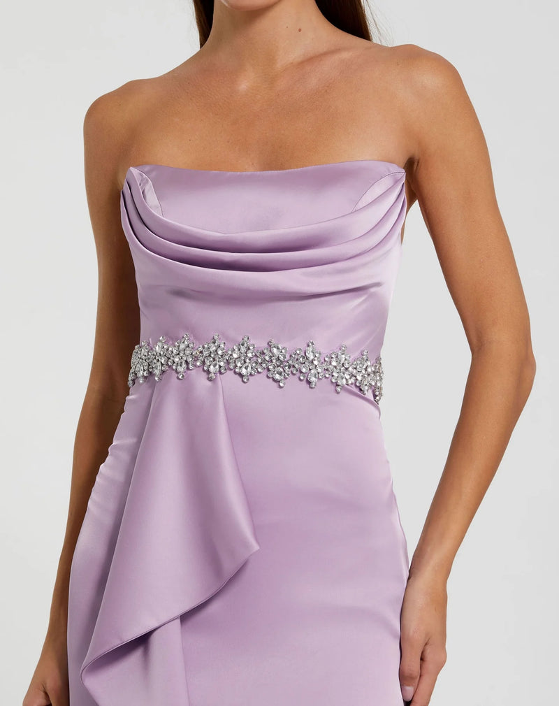 Strapless Satin Gown With Embellished Belt Detail - Purple