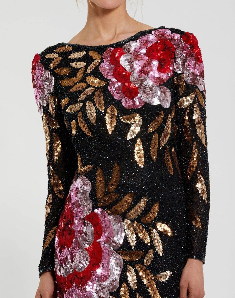 Embellished Floral Long Sleeve Gown - Black