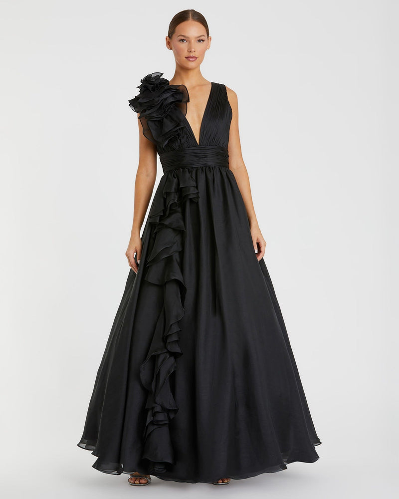 Mac Duggal, Shoulder Detail Ruffle A Line Gown - Black  #48856 