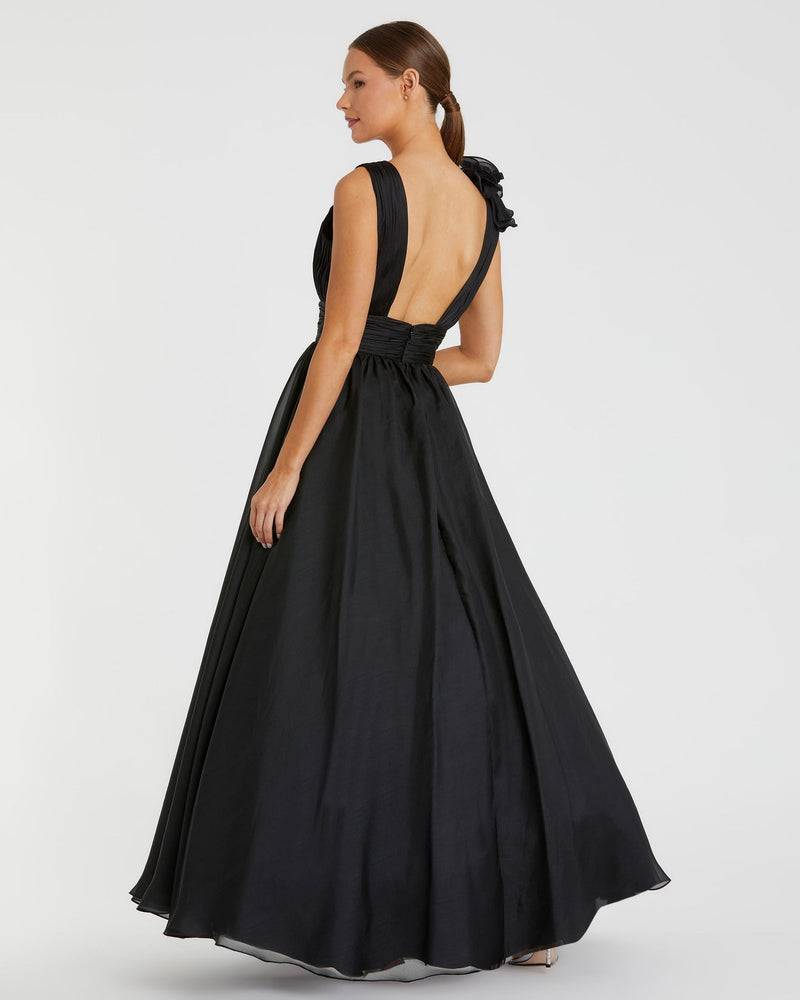 Shoulder Detail Ruffle A Line Gown - Black