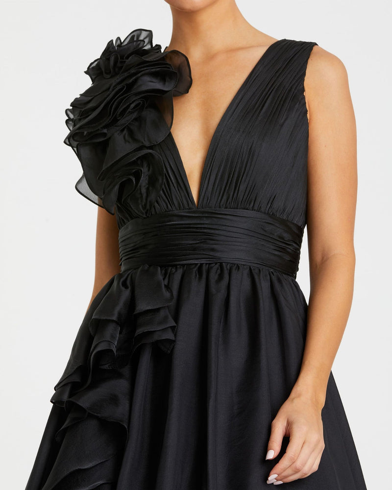 Shoulder Detail Ruffle A Line Gown - Black