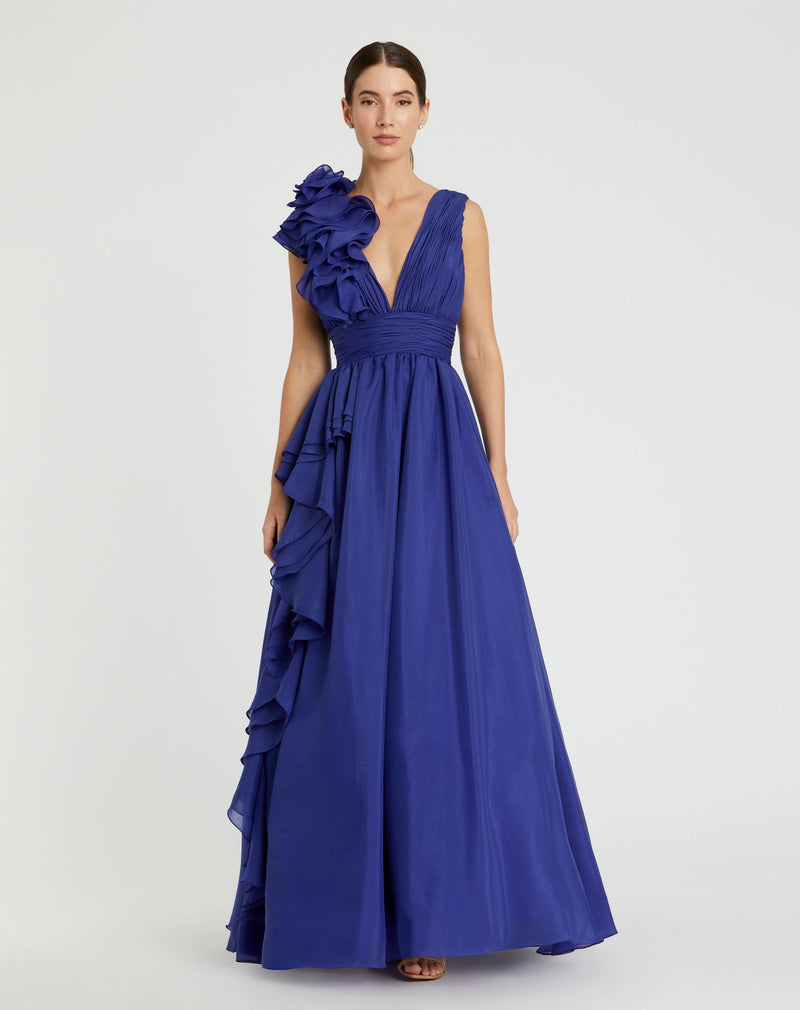 Mac Duggal #48856 Shoulder Detail Ruffle A Line Gown - Cobalt Blue