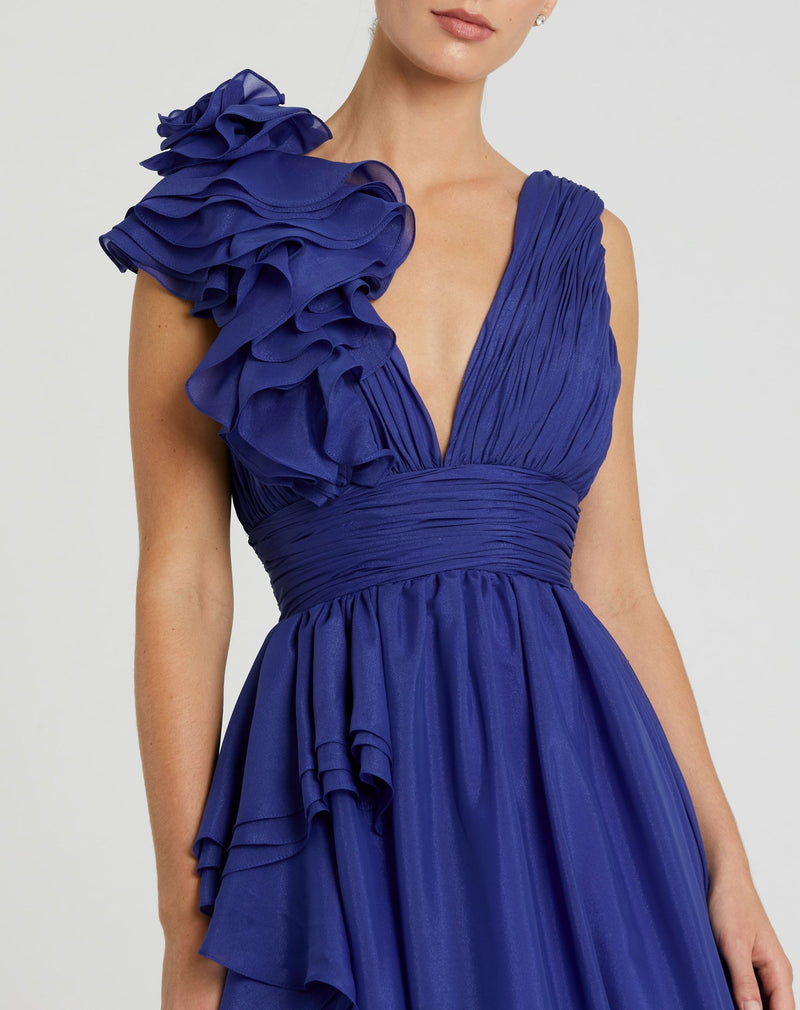 Shoulder Detail Ruffle A Line Gown - Cobalt