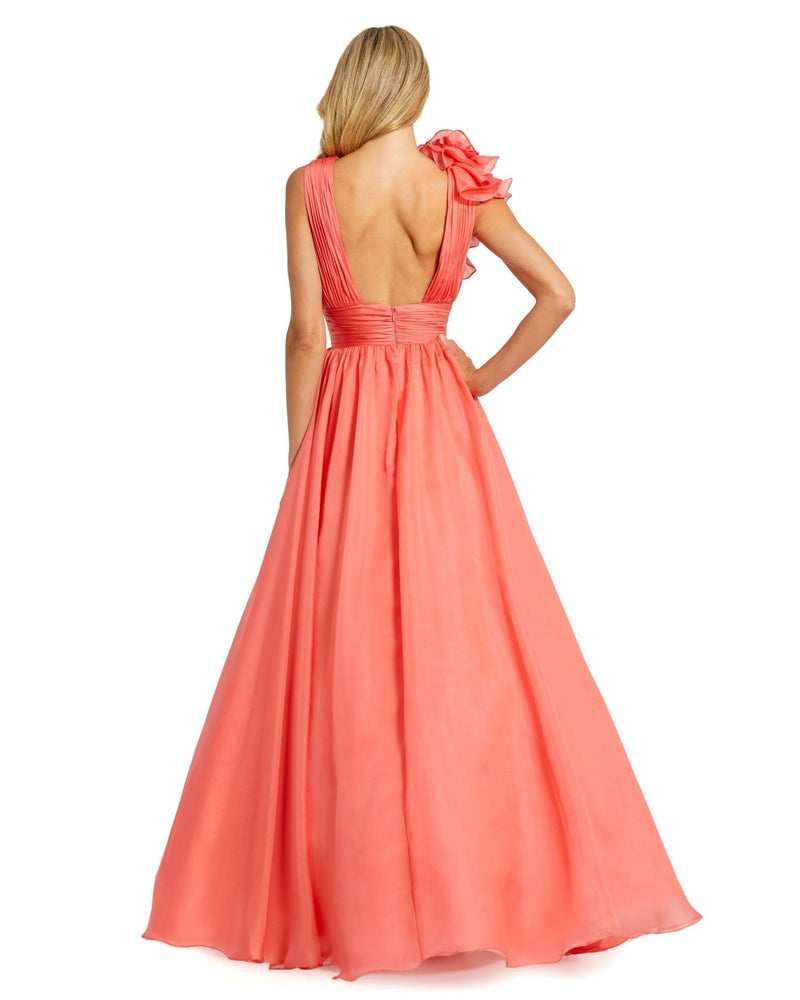 mac duggal, RUFFLE SHOULDER V-NECK CHIFFON GOWN, Style #48856, coral