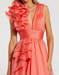 Shoulder Detail Ruffle A Line Gown - Hot Pink