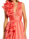 mac duggal, RUFFLE SHOULDER V-NECK CHIFFON GOWN, Style #48856, coral