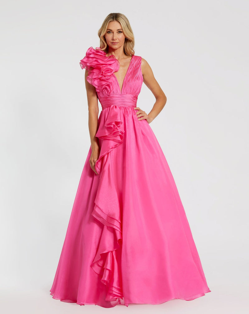 Mac Duggal, Shoulder Detail Ruffle A Line Gown - Hot Pink #48856