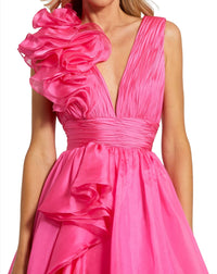 Shoulder Detail Ruffle A Line Gown - Hot Pink