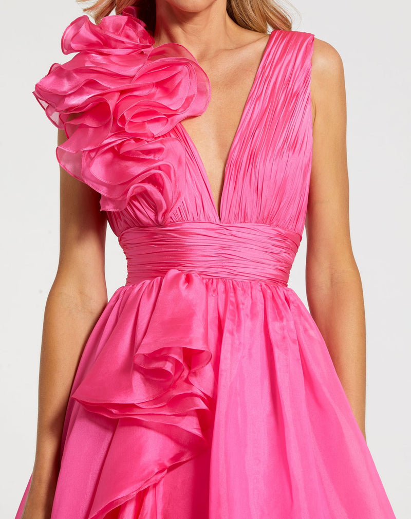 Shoulder Detail Ruffle A Line Gown - Red