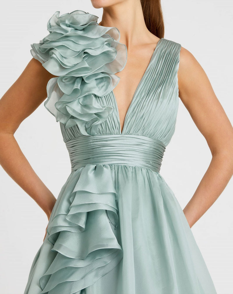 Shoulder Detail Ruffle A Line Gown - Mint Green