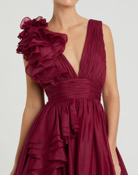 Shoulder Detail Ruffle A Line Gown - Wine