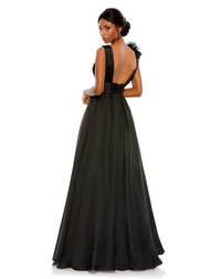 mac duggal, RUFFLE SHOULDER V-NECK CHIFFON GOWN, Style #48856, black back view