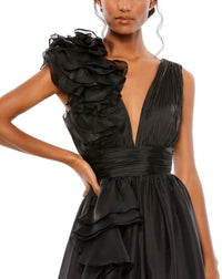 mac duggal, RUFFLE SHOULDER V-NECK CHIFFON GOWN, Style #48856, black