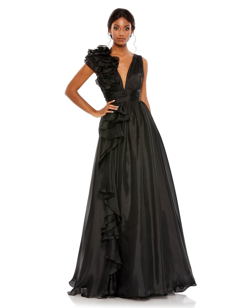 mac duggal, RUFFLE SHOULDER V-NECK CHIFFON GOWN, Style #48856, black back view