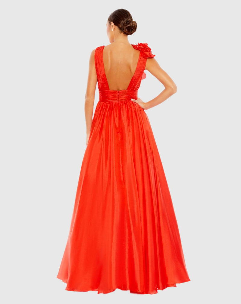 Shoulder Detail Ruffle A Line Gown - Red