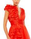 mac duggal, RUFFLE SHOULDER V-NECK CHIFFON GOWN, Style #48856, cherry red close up